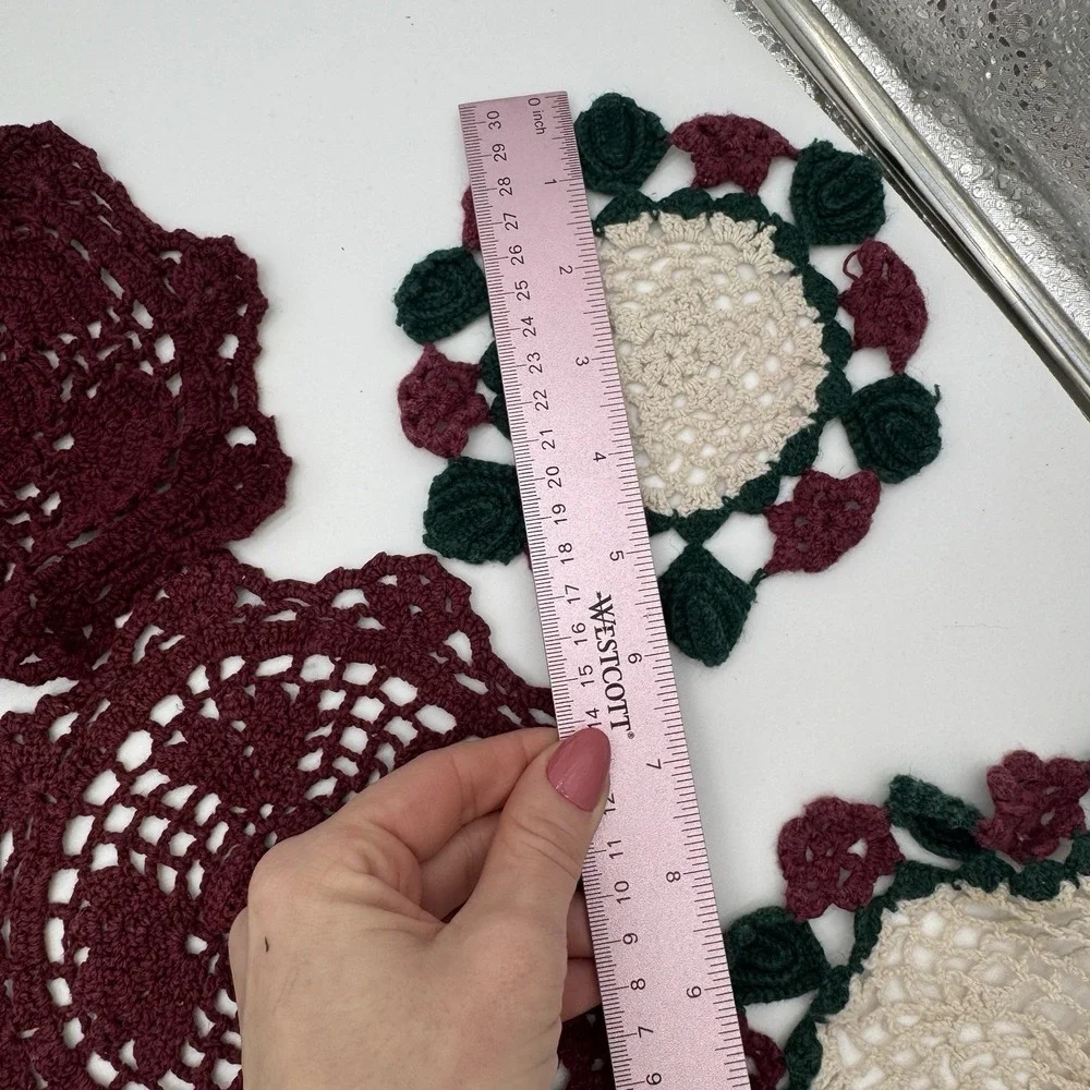 Vintage Crochet Doilies Lot 13 Green Burgundy‎ Cotton Holiday Cottagecore